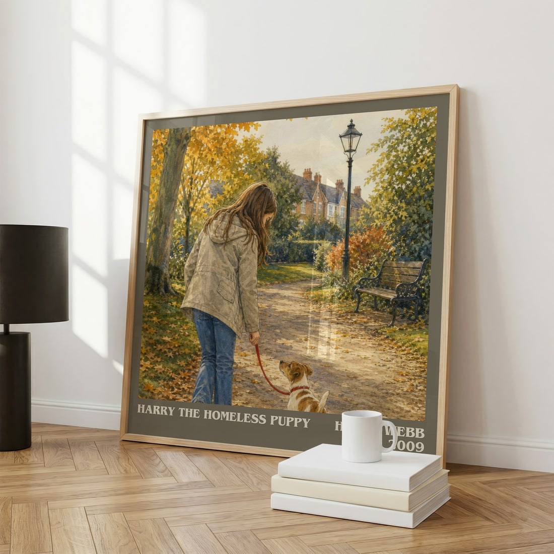 Harry the Homeless Puppy literary print framed by window – literary home decor