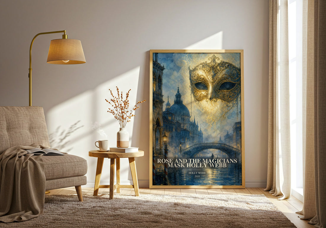Rose and the Magicians Mask Holly Webb watercolour print in frame leaning in hallway – childrens wall art