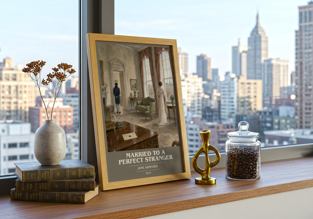Married to a Perfect Stranger book cover print framed by window – literary home decor