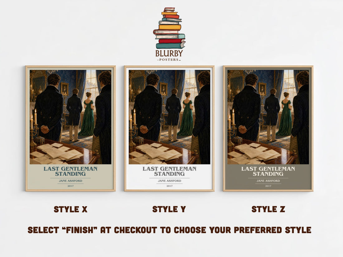 Last Gentleman Standing book cover print in frame leaning in hallway – romance wall art (mockup)