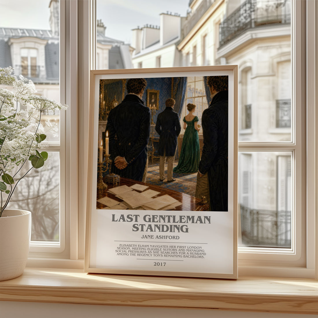 Last Gentleman Standing Bookish Wall Art by Jane Ashford – framed print by a bright window