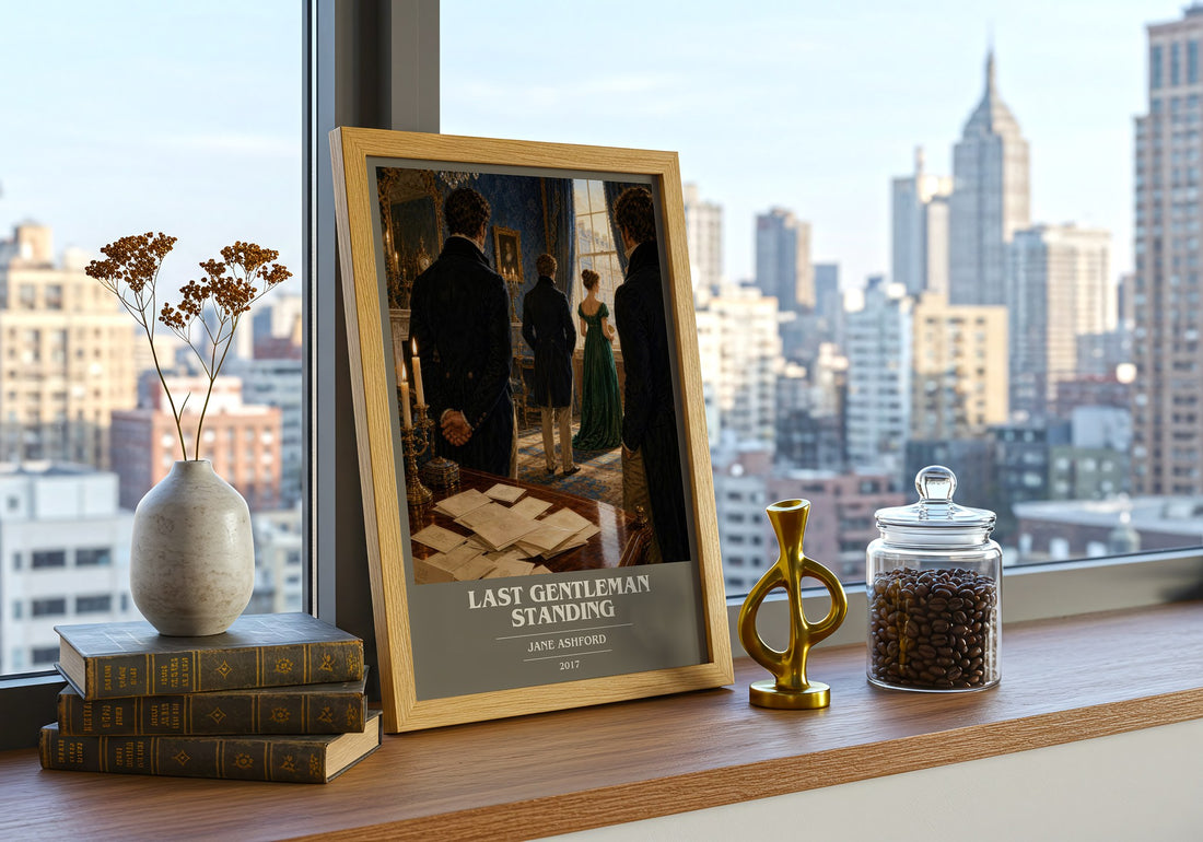 Last Gentleman Standing book cover print framed by window – literary home decor
