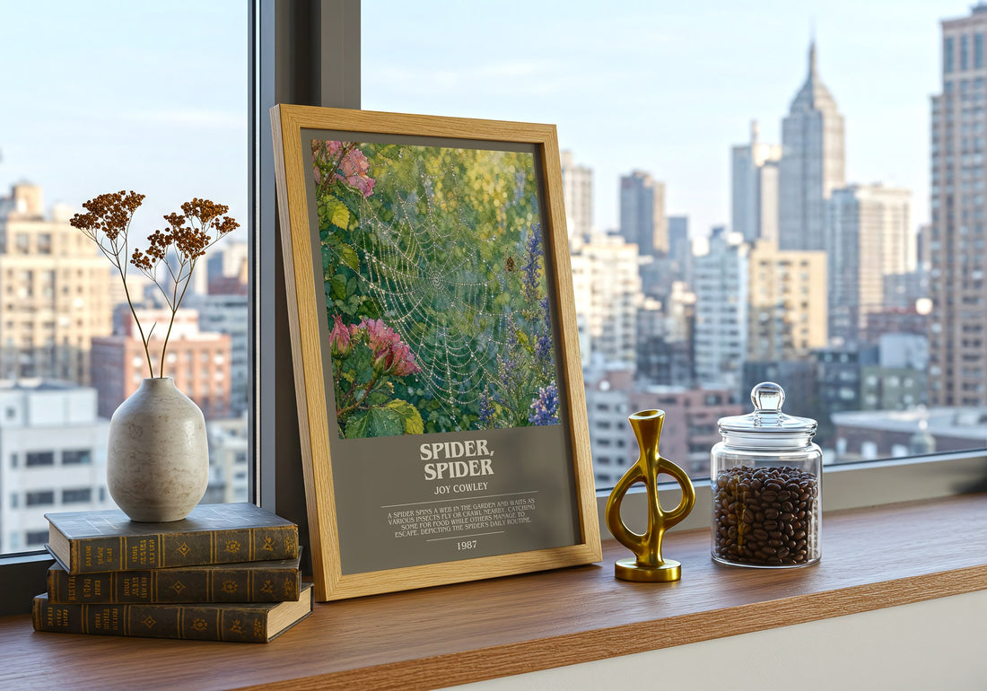 Spider, Spider bookish print framed by window – literary home decor