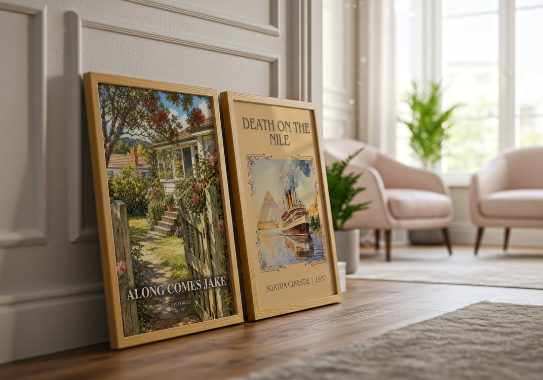 Along comes Jake watercolour print framed by window – literary home decor
