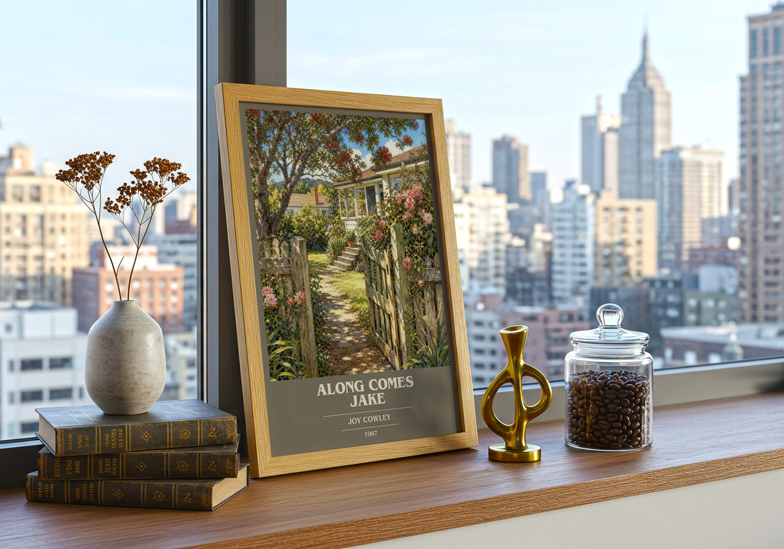 Along comes Jake book cover print framed by window – literary home decor