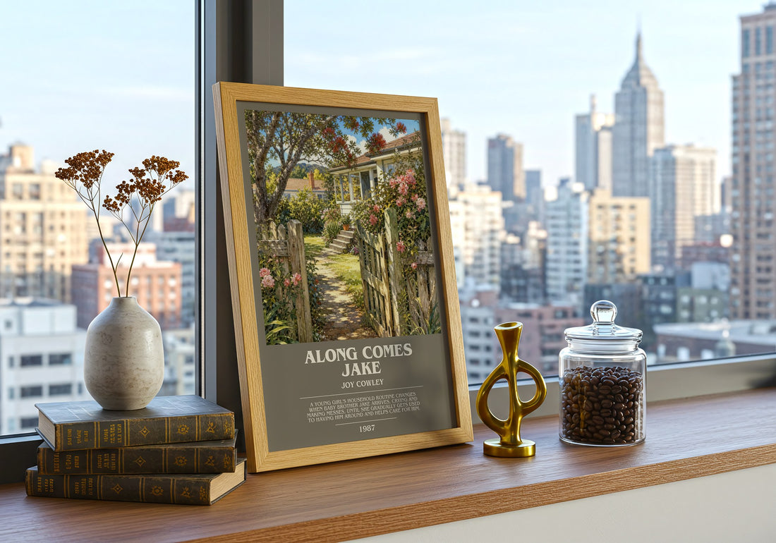 Along comes Jake bookish print framed by window – literary home decor