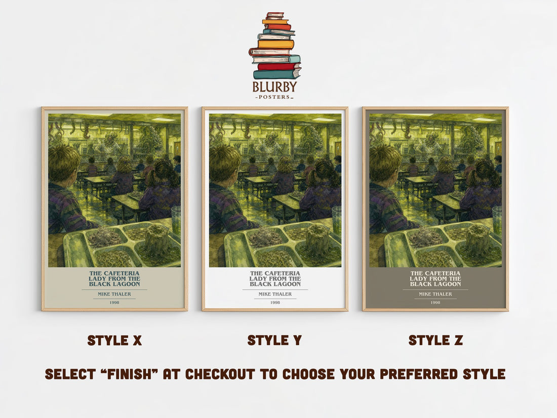 The cafeteria lady from the black lagoon book cover print in frame leaning in hallway – childrens wall art (mockup)