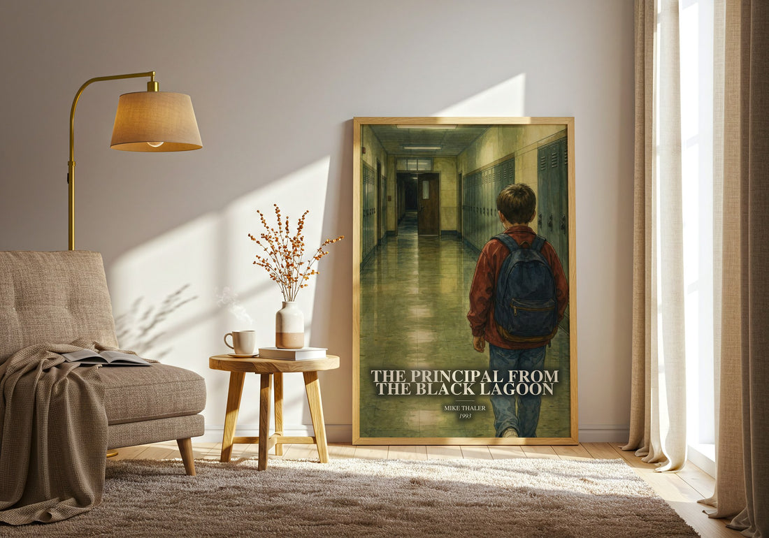 The Principal From the Black Lagoon watercolour print in frame leaning in hallway – childrens wall art