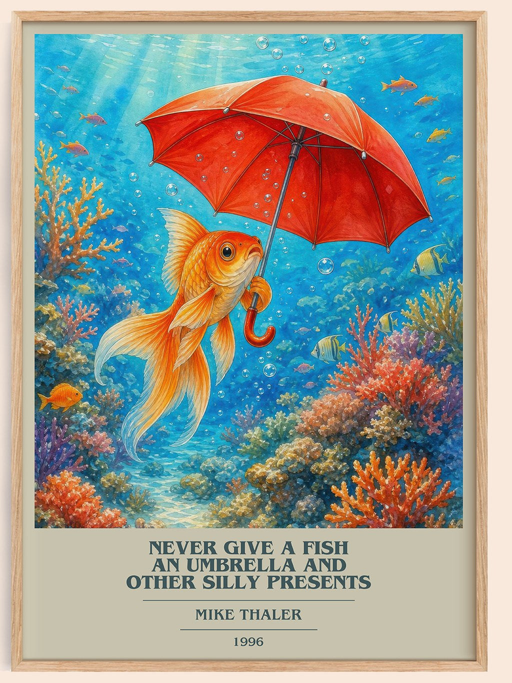 Never give a fish an umbrella and other silly presents book cover book poster by Mike Thaler – framed literary art print