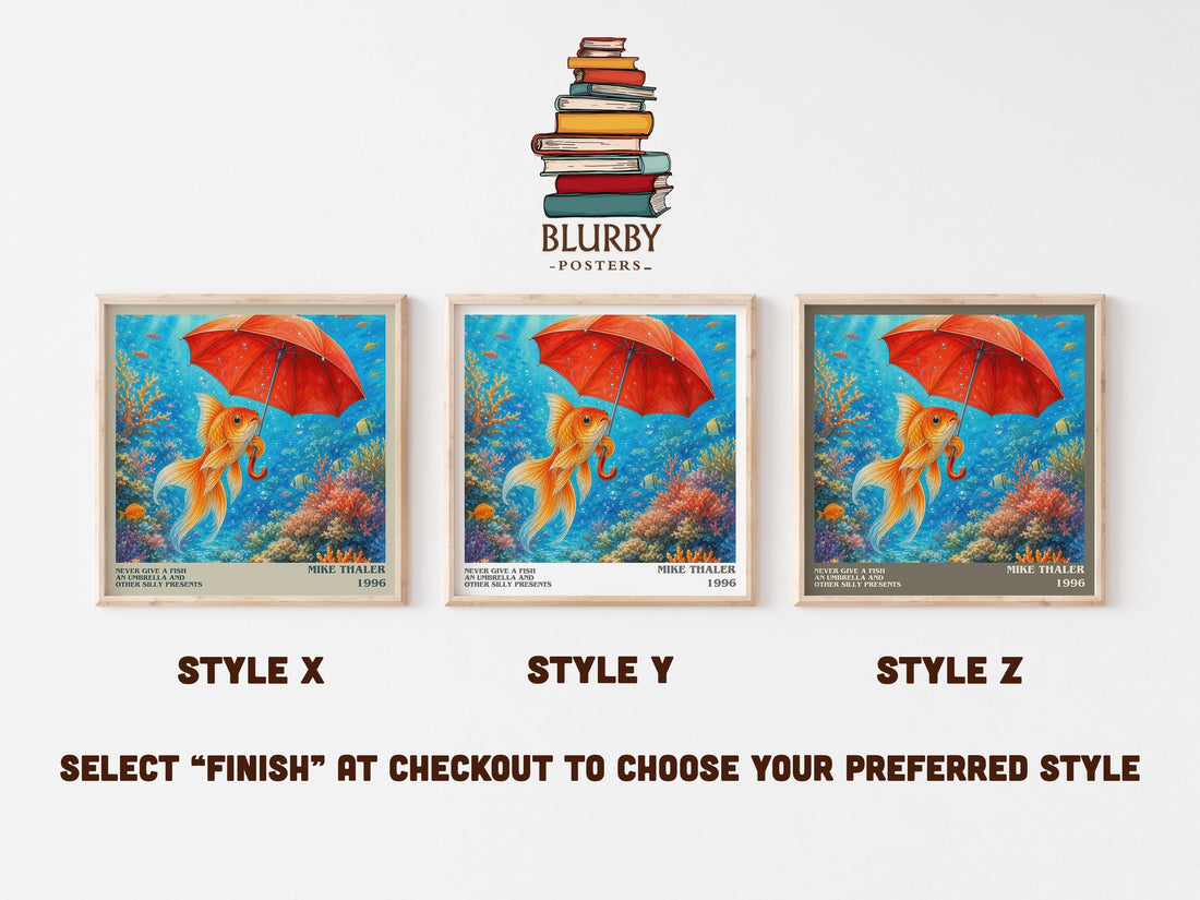 Never give a fish an umbrella and other silly presents literary print in frame leaning in hallway – childrens wall art (mockup)