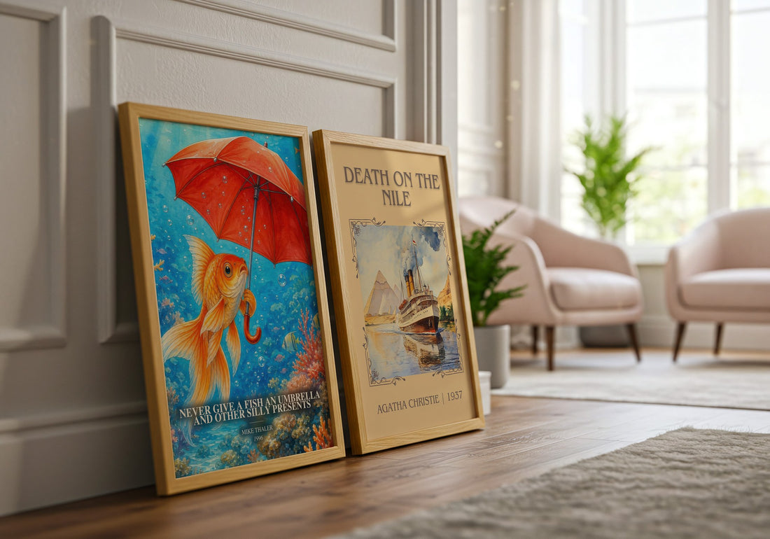 Never give a fish an umbrella and other silly presents watercolour print framed by window – literary home decor