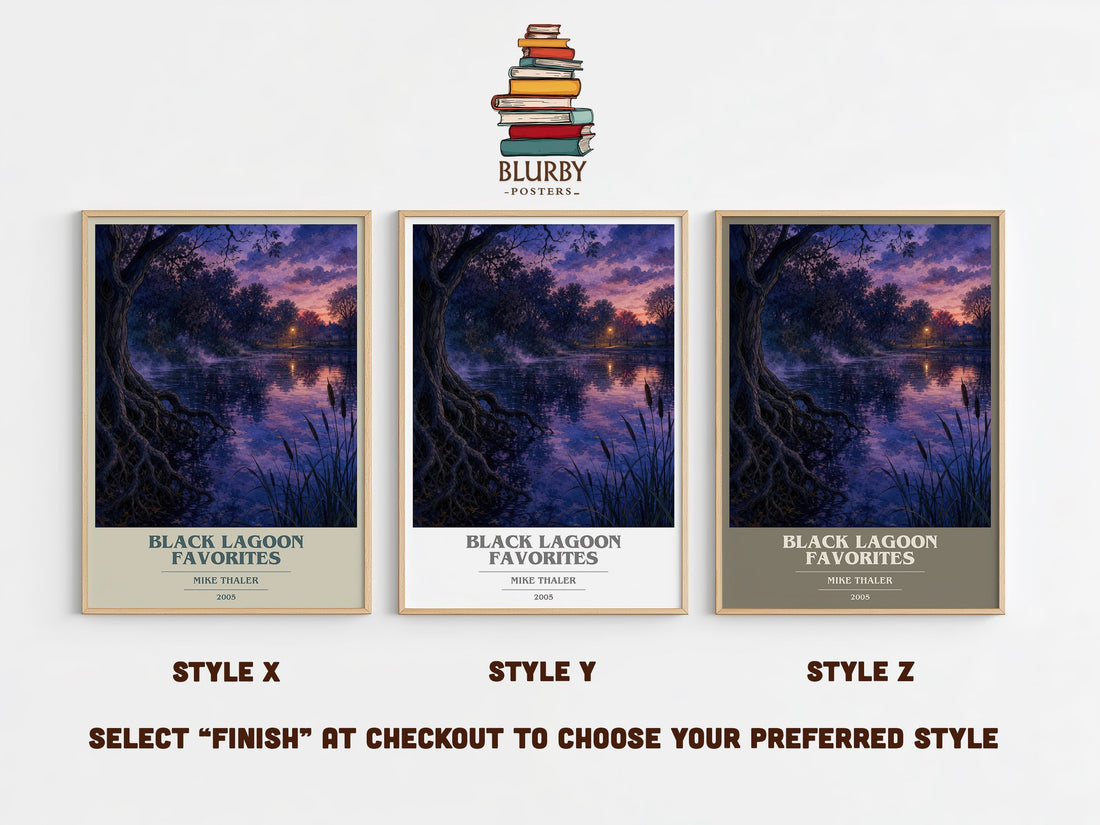 Black Lagoon favorites book cover print in frame leaning in hallway – childrens wall art (mockup)