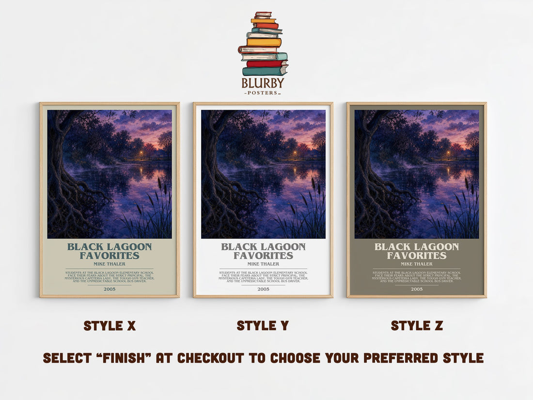 Black Lagoon favorites bookish print in frame leaning in hallway – childrens wall art (mockup)
