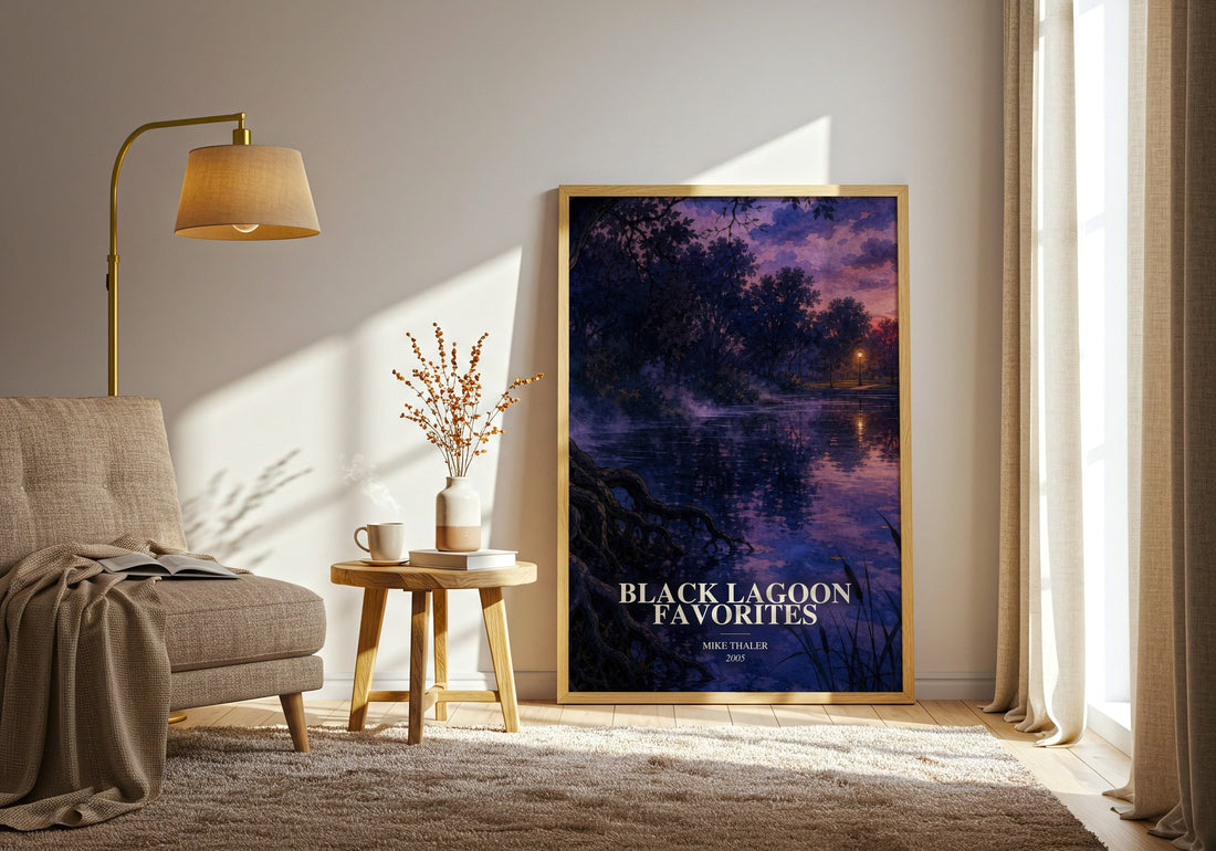 Black Lagoon favorites watercolour print in frame leaning in hallway – childrens wall art