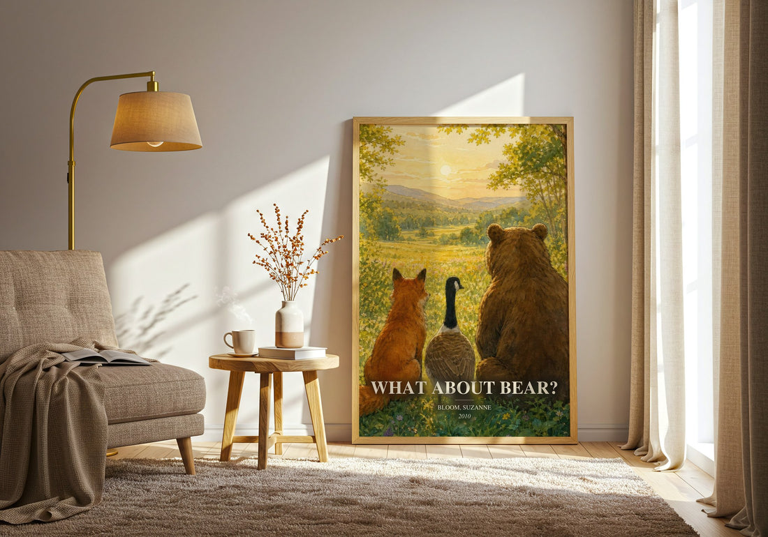 What about Bear? watercolour print in frame leaning in hallway – childrens wall art