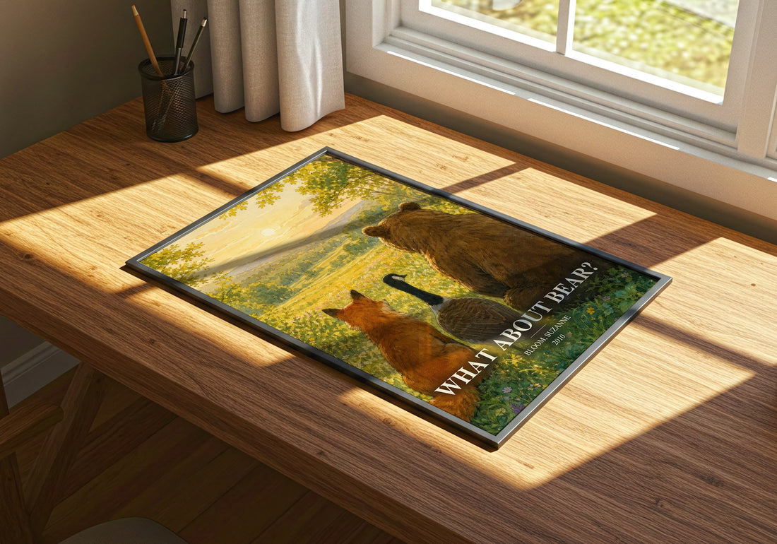 What about Bear? watercolour book poster framed on wall – childrens wall art