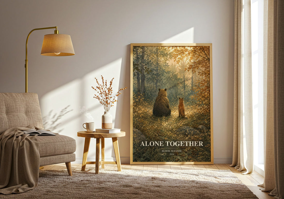 Alone together watercolour print in frame leaning in hallway – childrens wall art