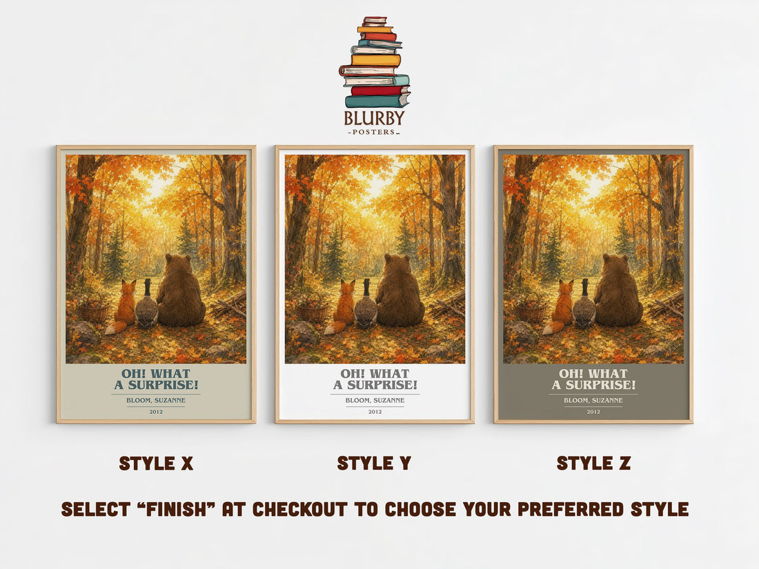 Oh! What a surprise! book cover print in frame leaning in hallway – childrens wall art (mockup)
