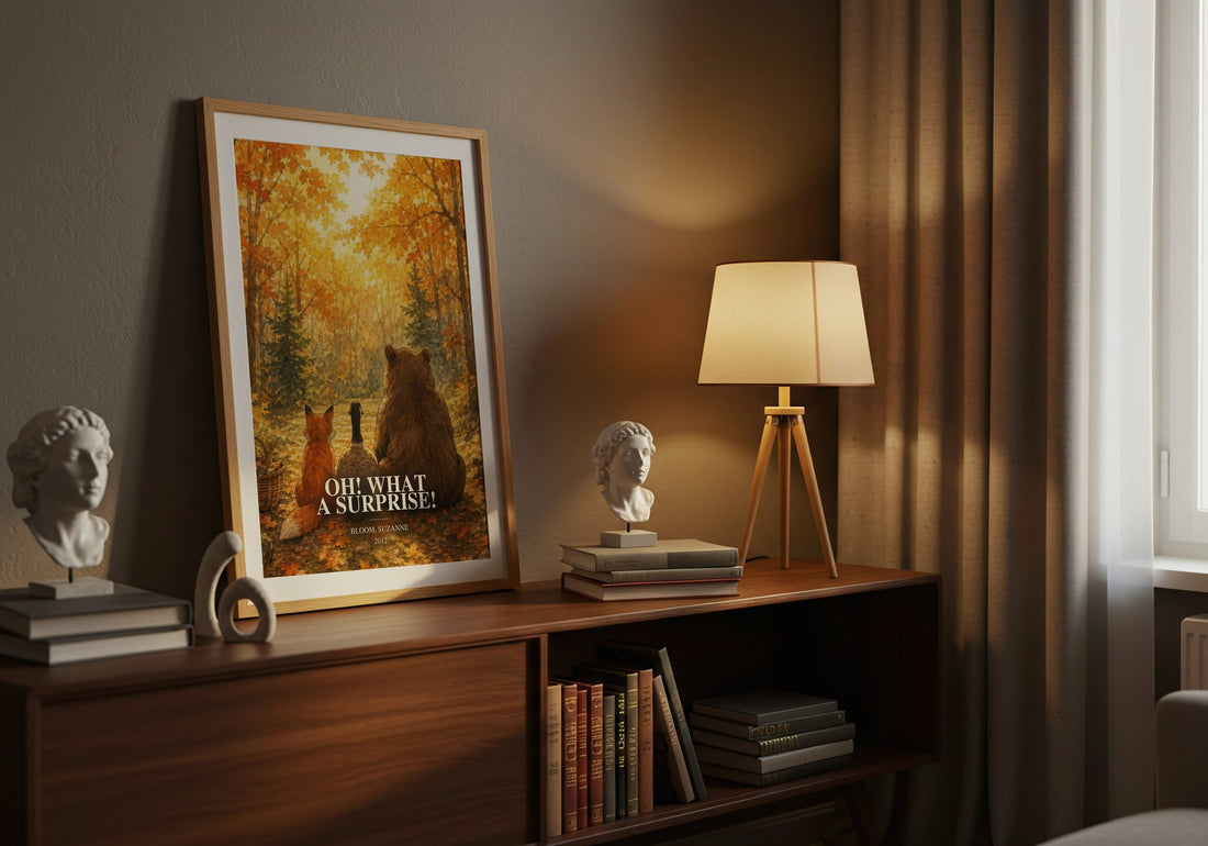 Oh! What a surprise! watercolour print on bookshelf – Bloom, Suzanne fan gift