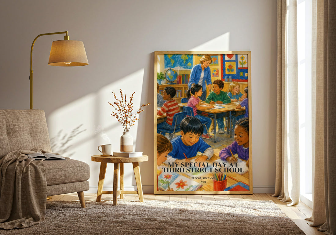 My Special Day at Third Street School watercolour print in frame leaning in hallway – childrens wall art