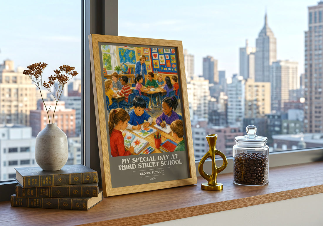 My Special Day at Third Street School book cover print framed by window – literary home decor