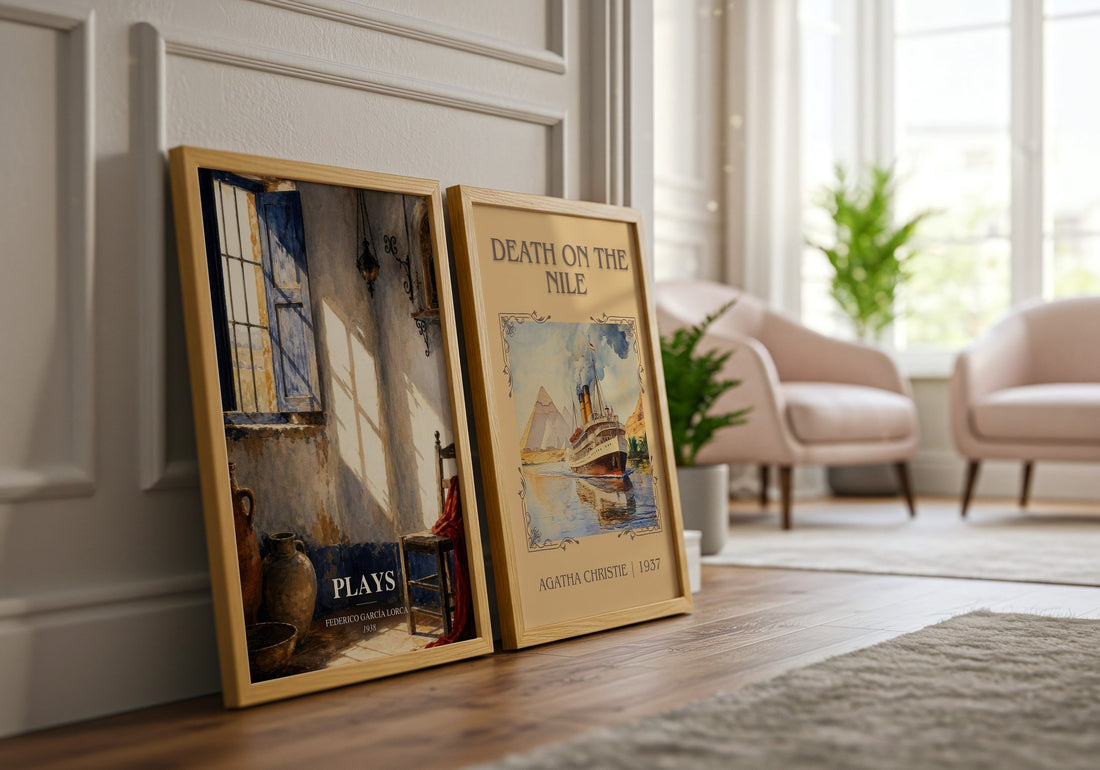Plays watercolour print framed by window – literary home decor
