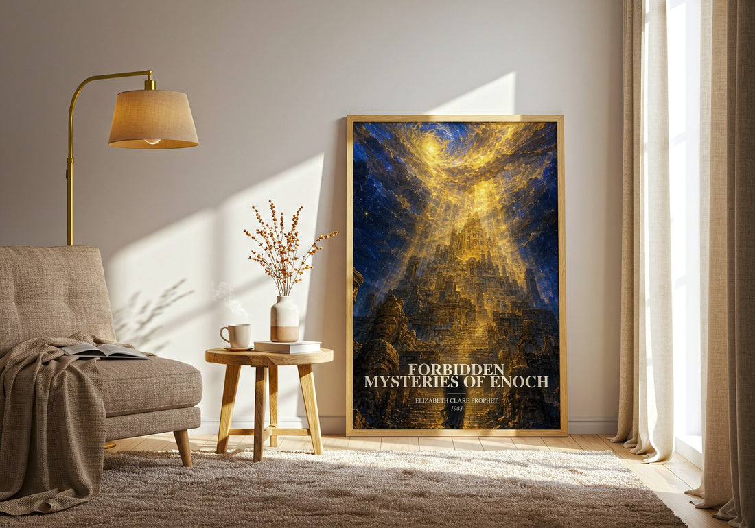 Forbidden mysteries of Enoch watercolour print in frame leaning in hallway – non fiction wall art
