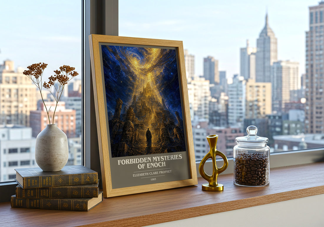 Forbidden mysteries of Enoch book cover print framed by window – literary home decor
