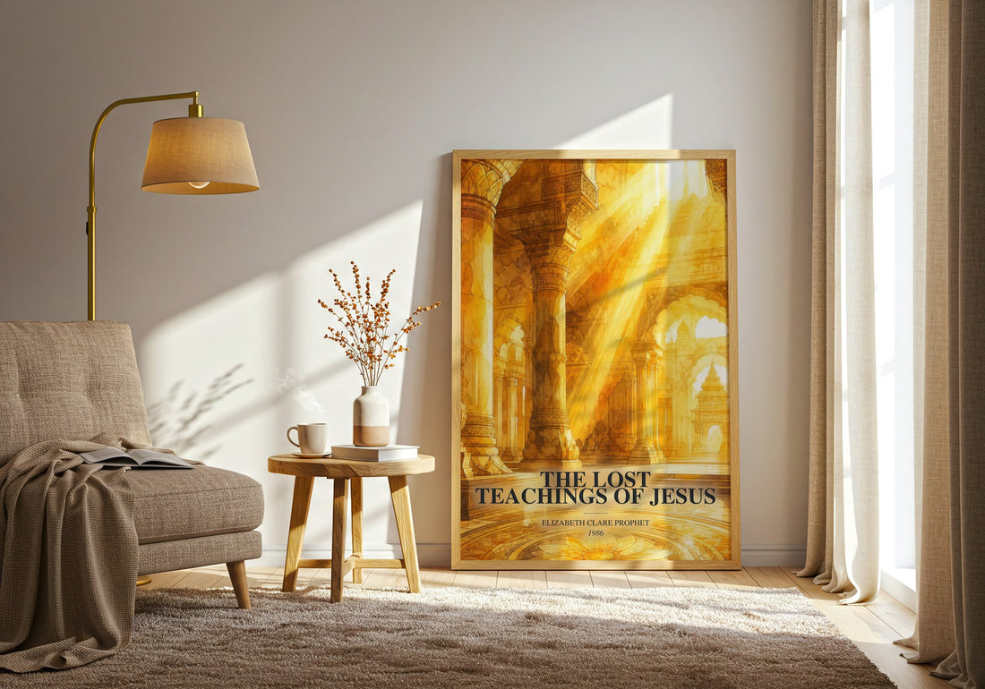 The lost teachings of Jesus watercolour print in frame leaning in hallway – non fiction wall art