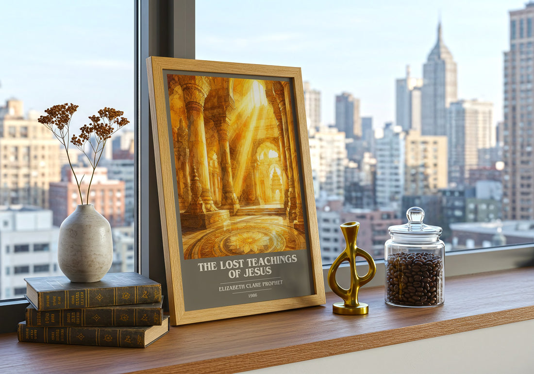 The lost teachings of Jesus book cover print framed by window – literary home decor