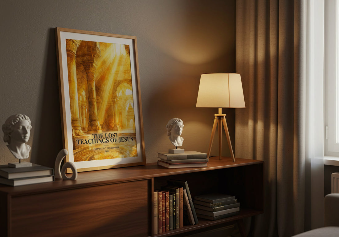 The lost teachings of Jesus watercolour print on bookshelf – Elizabeth Clare Prophet fan gift