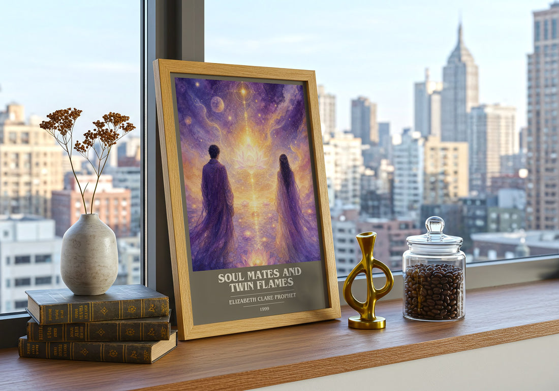 Soul Mates and Twin Flames book cover print framed by window – literary home decor
