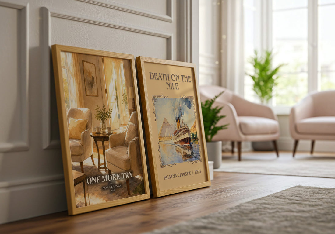 One more try watercolour print framed by window – literary home decor