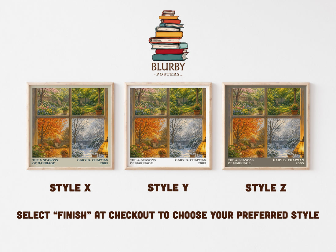 The 4 Seasons of Marriage literary print in frame leaning in hallway – non fiction wall art (mockup)