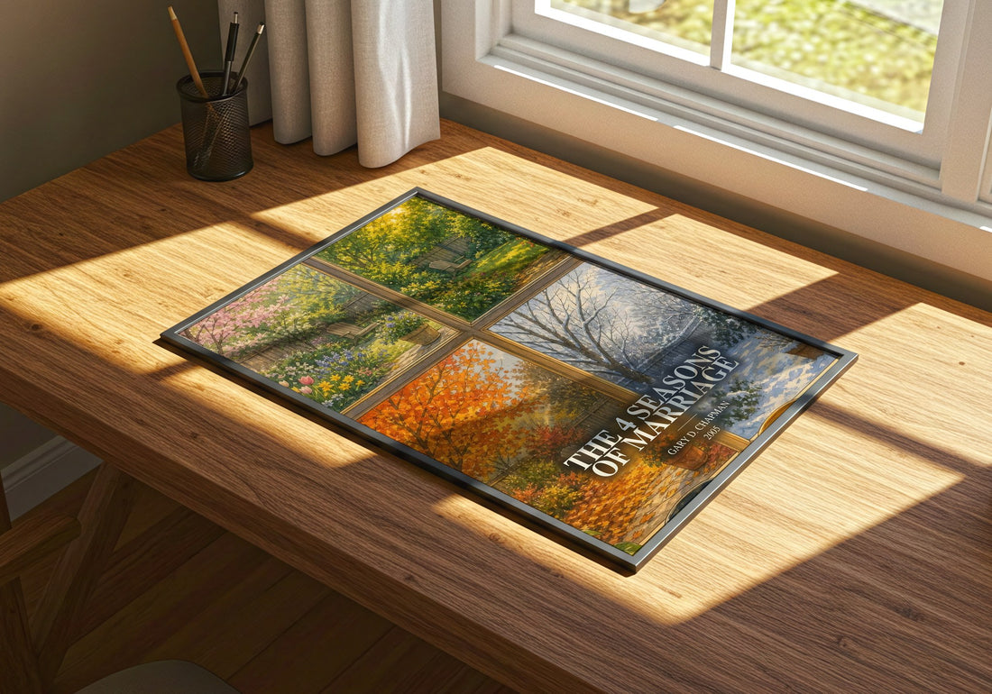 The 4 Seasons of Marriage watercolour book poster framed on wall – non fiction wall art