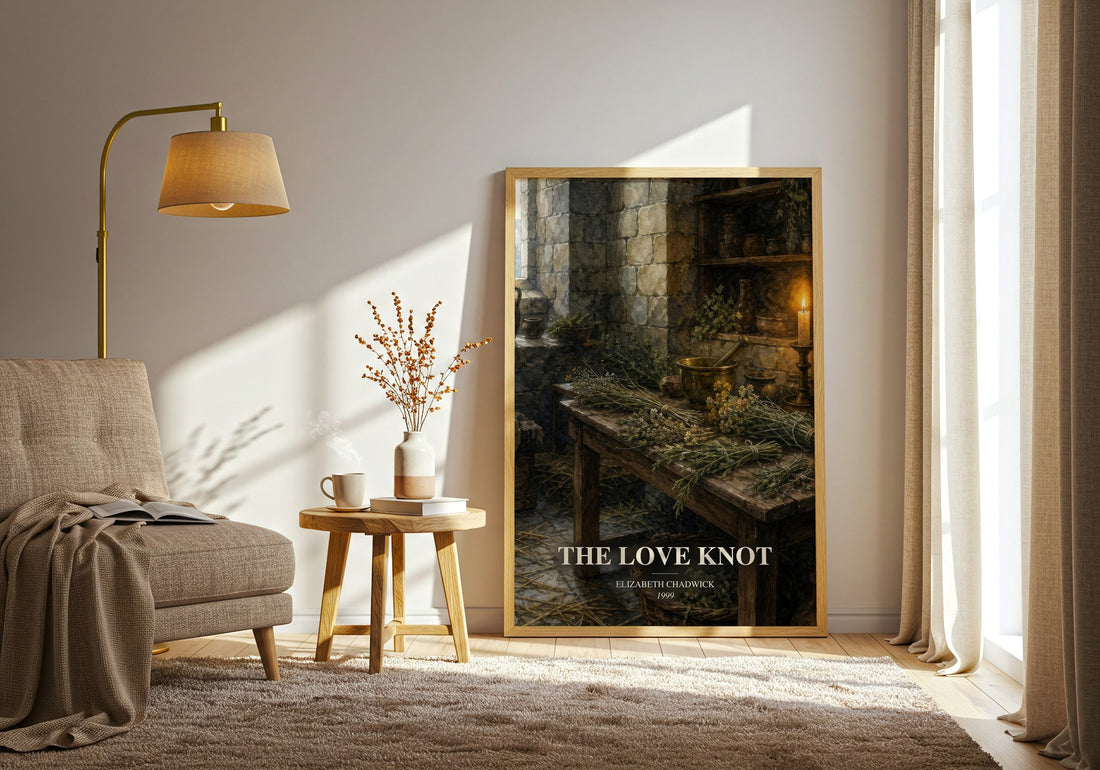 The Love Knot watercolour print in frame leaning in hallway – historical fiction wall art