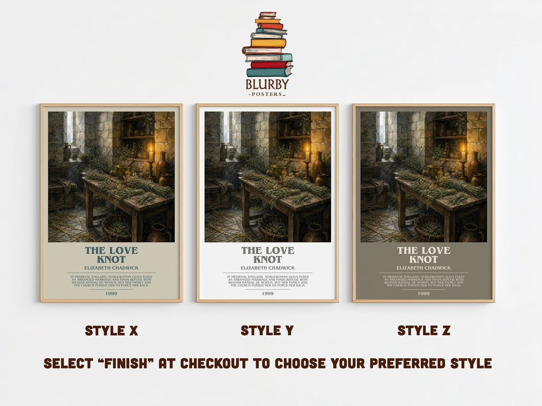 The Love Knot bookish print in frame leaning in hallway – historical fiction wall art (mockup)