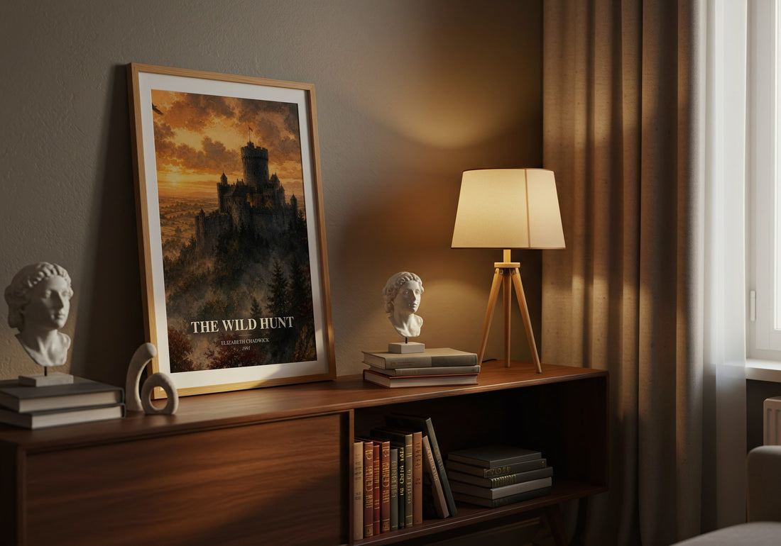 The wild hunt watercolour print on bookshelf – Elizabeth Chadwick fan gift