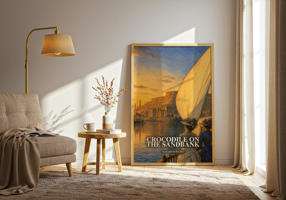 Crocodile on the sandbank watercolour print in frame leaning in hallway – mystery wall art