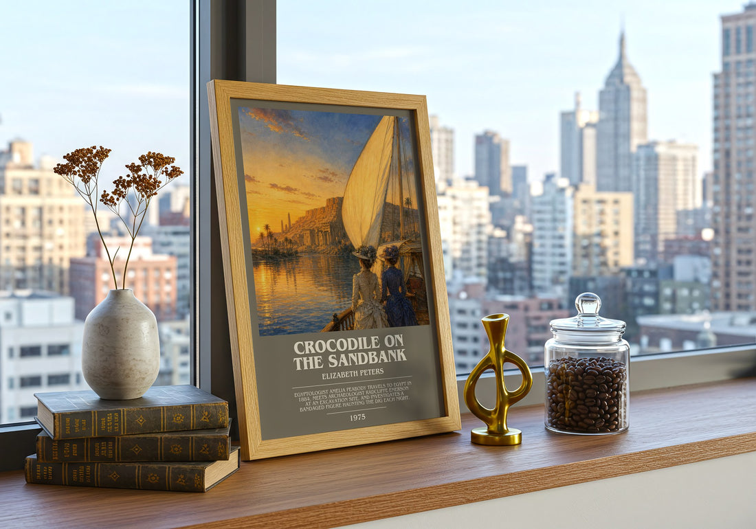 Crocodile on the sandbank bookish print framed by window – literary home decor