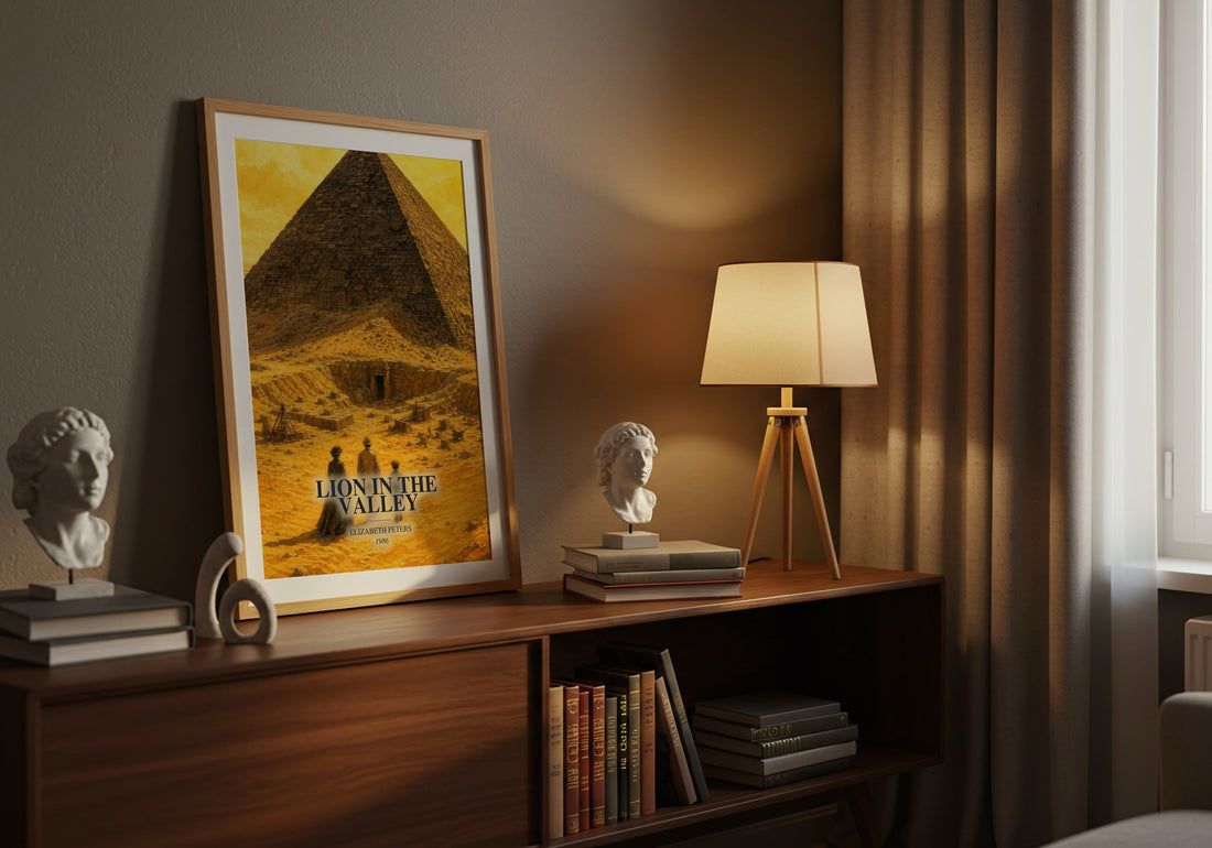 Lion in the valley watercolour print on bookshelf – Elizabeth Peters fan gift