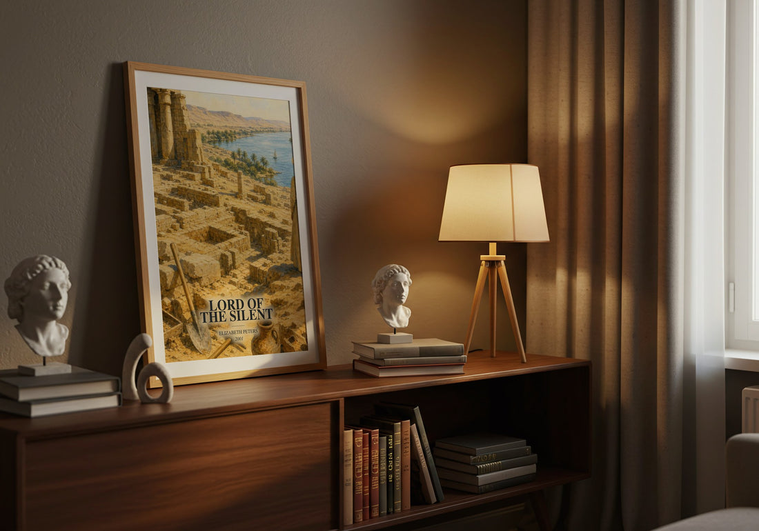 Lord of the silent watercolour print on bookshelf – Elizabeth Peters fan gift