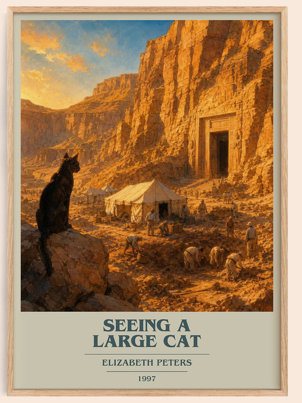 Seeing a large cat book cover book poster by Elizabeth Peters – framed literary art print