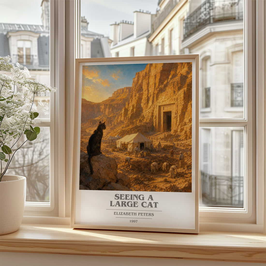 Seeing a large cat book cover poster colour and style options – Elizabeth Peters book art