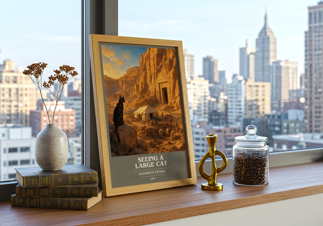 Seeing a large cat book cover print framed by window – literary home decor