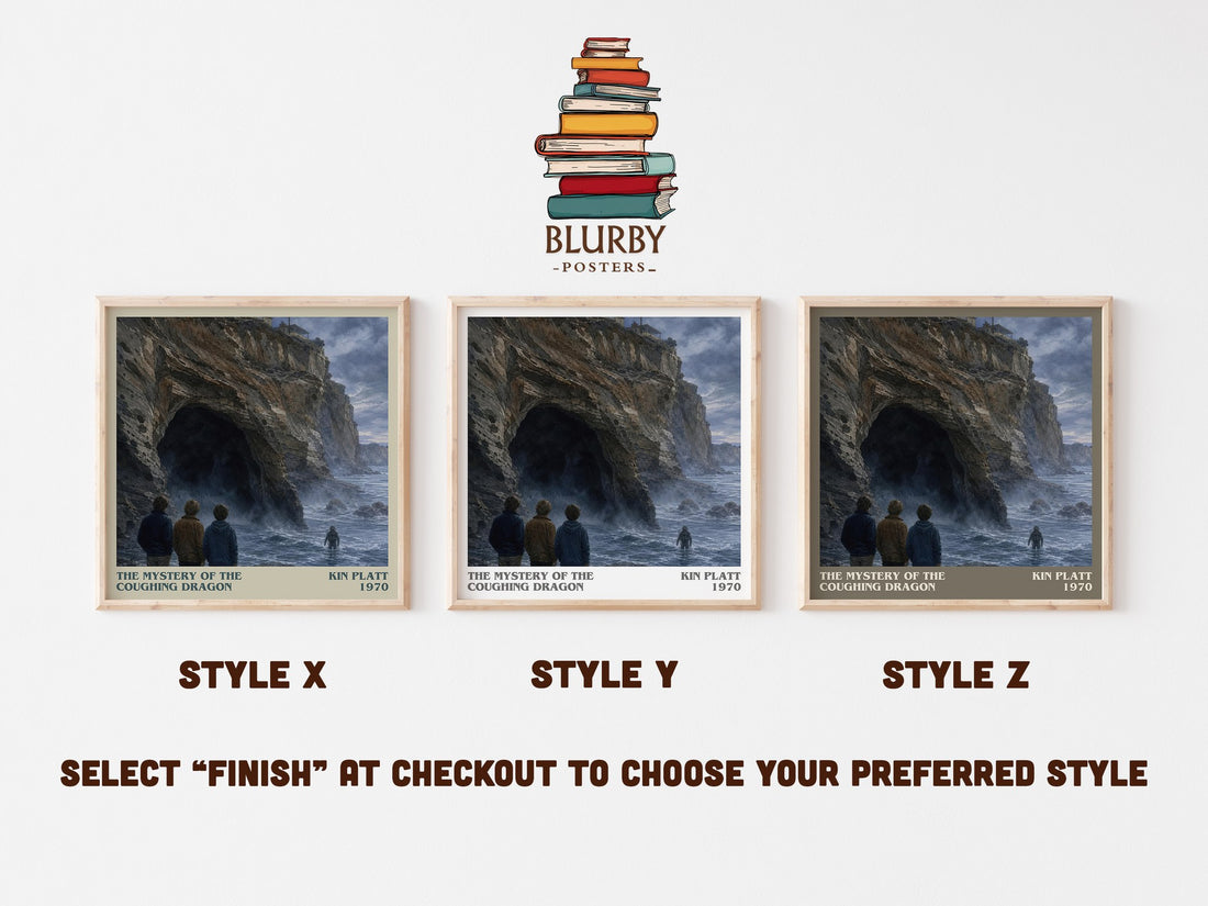 The Mystery of the Coughing Dragon literary print in frame leaning in hallway – mystery wall art (mockup)