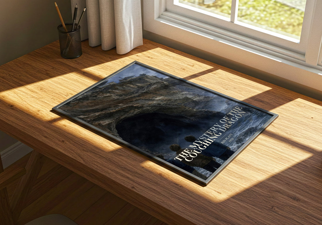The Mystery of the Coughing Dragon watercolour book poster framed on wall – mystery wall art