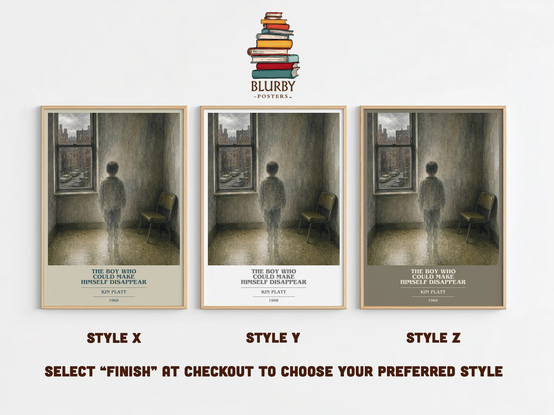 The boy who could make himself disappear book cover print in frame leaning in hallway – literary fiction wall art (mockup)