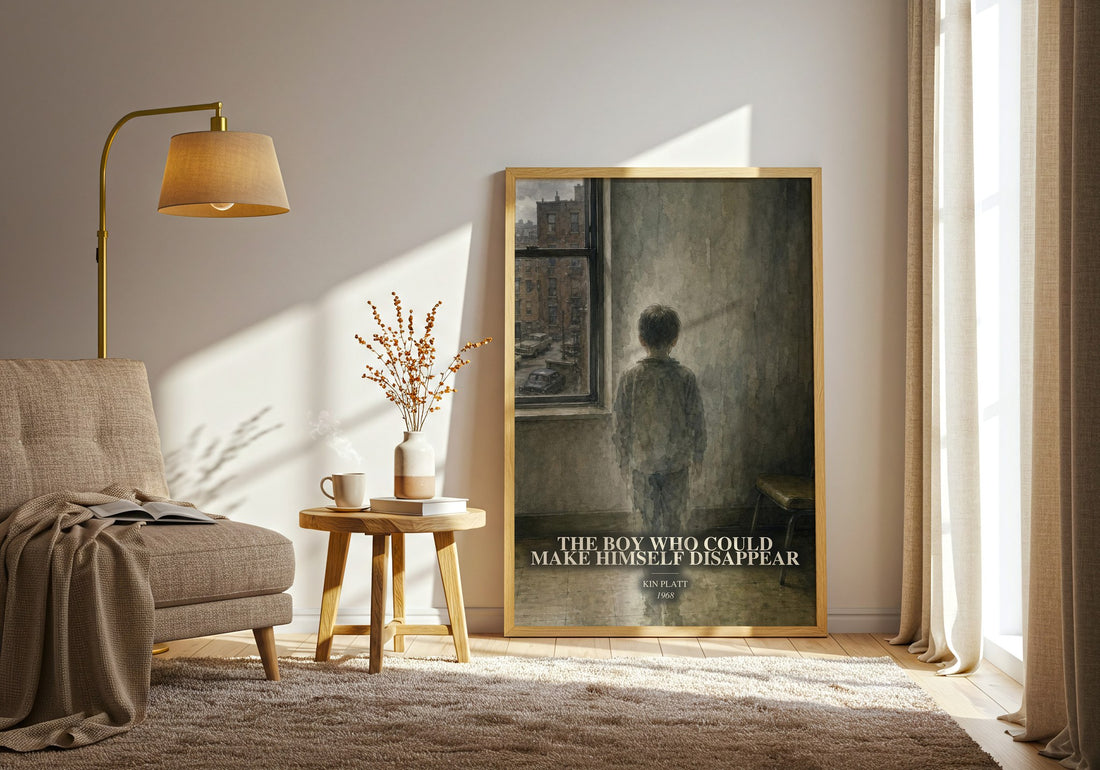 The boy who could make himself disappear watercolour print in frame leaning in hallway – literary fiction wall art