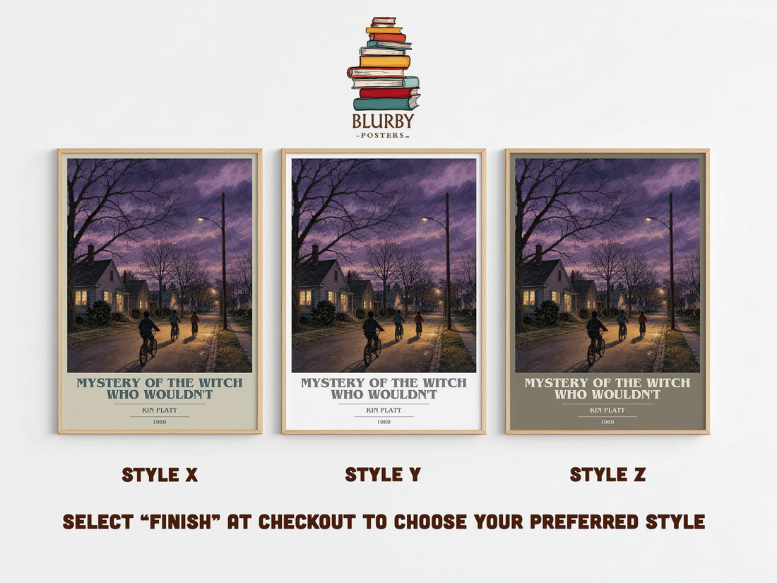 Mystery of the Witch Who Wouldn't book cover print in frame leaning in hallway – childrens wall art (mockup)